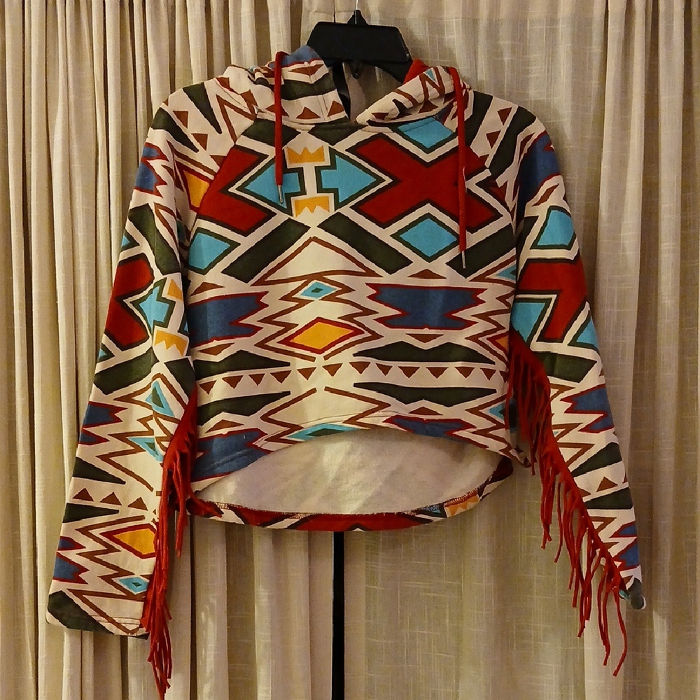 Vintage Y2K Colorful Geometric Southwest Hippie Festival Fringe Cropped Hoodie S